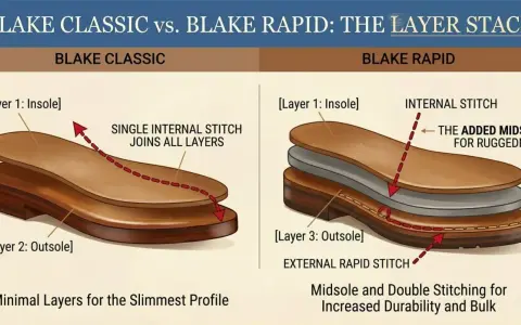 Confronto tra cucitura Blake Classic (singola interna, profilo sottile) e Blake Rapid (con intersuola aggiunta e doppia cucitura esterna per maggiore robustezza).