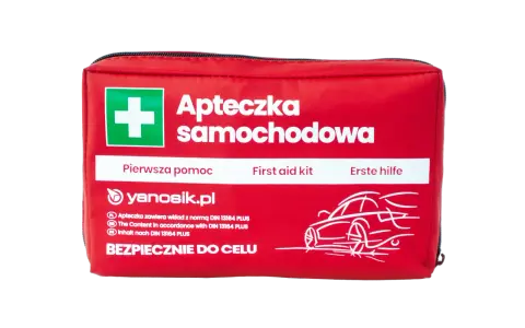 Czerwona apteczka samochodowa z białym krzyżem i napisem "Apteczka samochodowa".