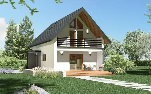 Nowoczesny dom z tarasem i balkonem, otoczony zielenią. Idealne gotowe domy pod klucz do 300 tys. dla rodziny.