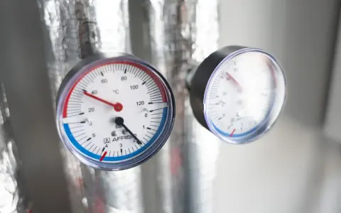 Dwa manometry pokazują ciśnienie w układzie zamkniętym. Jeden mierzy temperaturę w °C, drugi ciśnienie w barach.