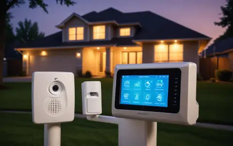Ett modernt hemlarm med kamera och rörelsesensor framför ett upplyst hus. Kontrollpanelen visar olika ikoner för säkerhetsfunktioner.