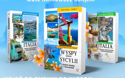 Okładki książek o Sycylii i Włoszech, z widokami i tekstem.