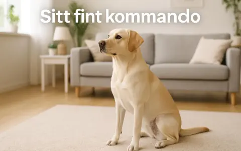 En gul labrador sitter fint på en matta i ett vardagsrum. Hunden väntar på sitt kommando.