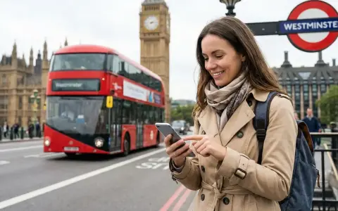 Kobieta z telefonem w ręku, na tle czerwonego autobusu i Big Bena. Wygodny internet w UK ułatwia zwiedzanie.