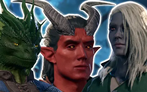 Un dragón verde, un tiefling con cuernos y una elfa oscura, mostrando las diversas razas de Baldur's Gate 3.