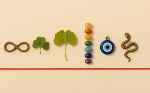 Symbole énergie spirituelle : un signe infini, un trèfle, une feuille de ginkgo, des pierres de chakra, un œil bleu et un serpent.