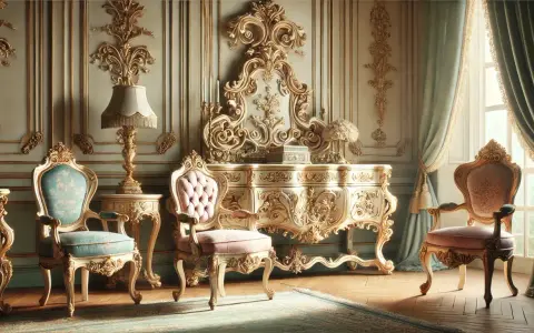 Un salon orné de mobilier rococo doré et sculpté, avec des fauteuils en velours rose et bleu, une coiffeuse imposante et des rideaux de soie.