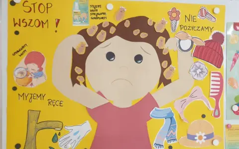 Plakat edukacyjny o wszach. Dziecko z wszykami na głowie, obok instrukcje: "Stop wszom!", "Sprawdzamy włosy", "Myjemy ręce", "Nie pożyczamy".