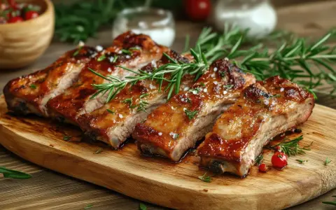 Costillas a la barbacoa jugosas y glaseadas, adornadas con romero fresco y sal gruesa, listas para disfrutar.