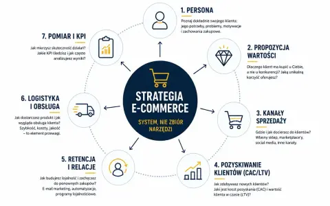 Schemat strategii e-commerce: od persony klienta, przez propozycję wartości, kanały sprzedaży, pozyskiwanie i retencję klientów, logistykę, po pomiar KPI.