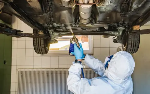 Mechanik w kombinezonie zabezpieczającym podwozie samochodu. Zastanawiasz się, ile kosztuje przegląd samochodu z gazem?