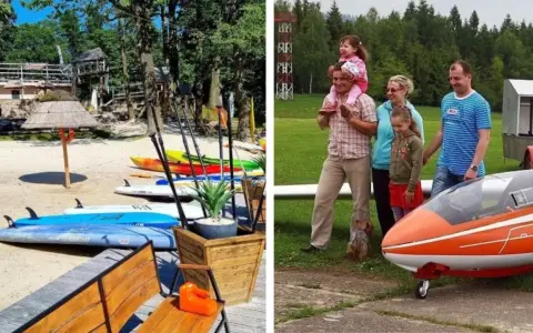 Rodzinna wycieczka do Jeleniej Góry: plaża z deskami SUP i kajakami, a obok mały samolot i uśmiechnięta rodzina. Atrakcje dla dzieci w Jeleniej Górze czekają!