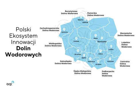 Mapa pokazuje polski ekosystem innowacji Dolin Wodorowych, z zaznaczonymi lokalizacjami stacji wodorowych w Polsce.