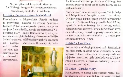 Modlitwa do cudownego medalika: Rozważanie pierwszego dnia nowenny o Niepokalanej Pannie, która ukazuje się św. Katarzynie.