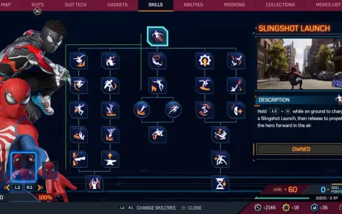 Spider-Man en el menú de habilidades, mostrando el árbol de habilidades y la descripción de "Slingshot Launch". Una guía para mejorar tus poderes.