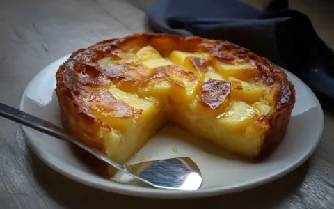 Un délicieux clafoutis pomme, doré et fondant, servi sur une assiette blanche avec une cuillère.