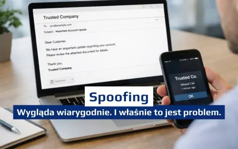 Oszustwo spoofingowe: fałszywy e-mail i połączenie od "Trusted Company" wyglądają wiarygodnie, co jest problemem.