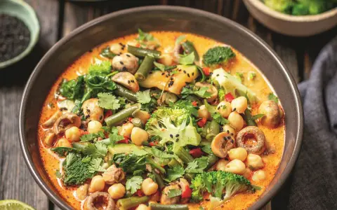 Kremowe curry z ciecierzycą, brokułami, fasolką szparagową i grzybami, posypane czarnym sezamem.