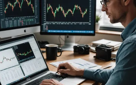 Mężczyzna analizuje wykresy akcji S&P 500 na laptopie i monitorach.