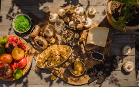 En härlig samling av färska tomater, olika svampar och en bit ost. En skål med gröna alger och en liten skål med mörk sås antyder en djup umami smak.