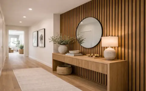 Entrada moderna con pared de listones de madera, consola, espejo redondo y lámpara. Inspiración para como poner listones de madera en la pared.