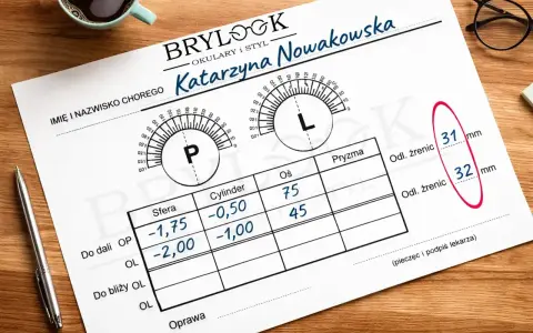 Recepta na okulary Katarzyny Nowakowskiej z danymi do oprawki i korekcji sferycznej, cylindrycznej i osi.