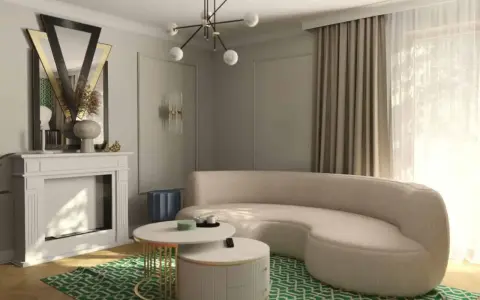 Eleganckie art deco mieszkanie z kremową sofą, geometrycznym dywanem i lustrem w stylu retro.