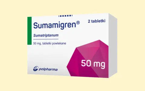 Opakowanie leku Sumamigren 50 mg, zawierające 2 tabletki powlekane.