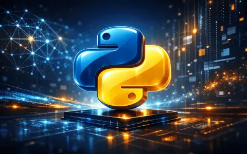 Symbol Python, niebiesko-żółty, na tle cyfrowego świata. To jest python definicja.