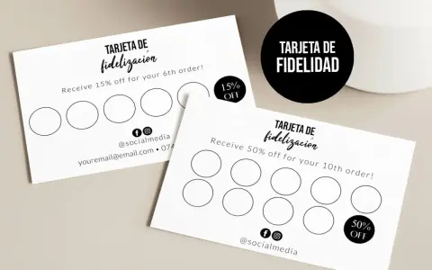 Ejemplos de tarjetas de fidelización de clientes: una con 6 círculos para un 15% de descuento y otra con 10 círculos para un 50% de descuento.