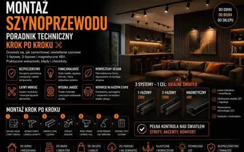 Poradnik techniczny: montaż oświetlenia szynowego 1-fazowego, 3-fazowego i magnetycznego 48V. Praktyczne wskazówki, błędy i checklisty.