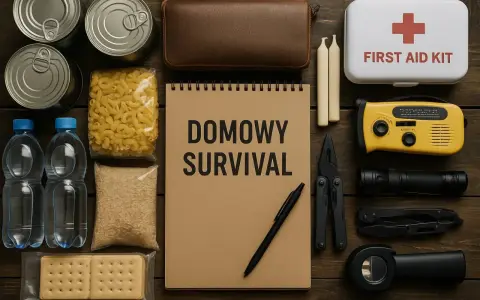 Zestaw do domowego survivalu: konserwy, makaron, ryż, woda, ciastka, apteczka, radio, latarka, scyzoryk, świece i notes.