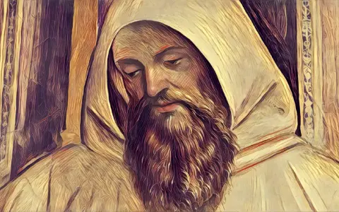 A monk with a long beard, wearing a hooded robe, gazes downwards. This image might accompany 10 facts about St. Benedict.