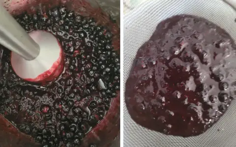 Mieszanie jagód blenderem, aby uzyskać gładką masę na żelkę do tortu. Po lewej blender w jagodach, po prawej przecedzona masa.