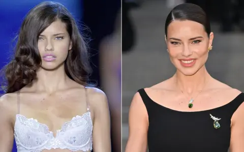Adriana Lima en 2000, joven y radiante en lencería blanca, y años después, elegante de negro con joyas.