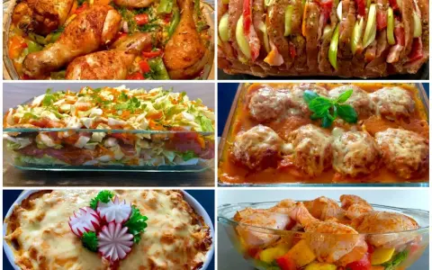 Sześć potraw, idealnych na efektowną kolację dla znajomych: pieczony kurczak, zapiekanka warstwowa, faszerowana rolada, klopsiki w sosie, zapiekanka z serem i kurczak z warzywami.
