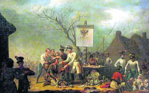 Scena z rabacji galicyjskiej: żołnierze austriaccy otaczają chłopów, jeden z nich wręcza nagrodę.