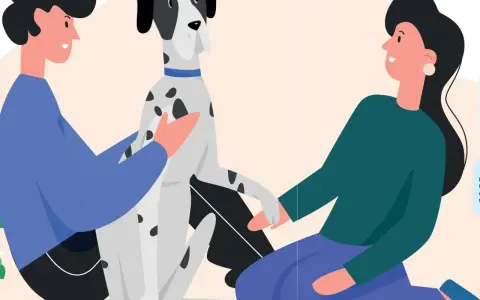 Två personer kelar med en prickig hund. En av dem säger "orkar inte gå ut med hunden".