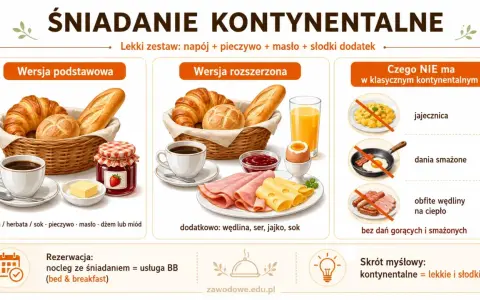 Klasyczny śniadanie kontynentalne: pieczywo, masło, dżem, kawa. Wersja rozszerzona zawiera też wędlinę, ser i jajko. Bez dań gorących.