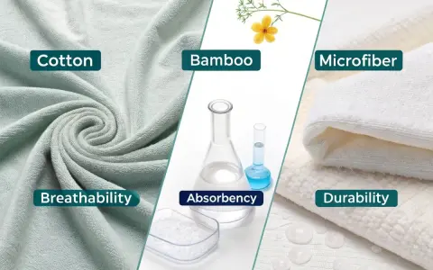 Toallas de algodón, bambú y microfibra. Muestra la transpirabilidad, absorbencia y durabilidad, ideal para lavar toallas en lavadora.