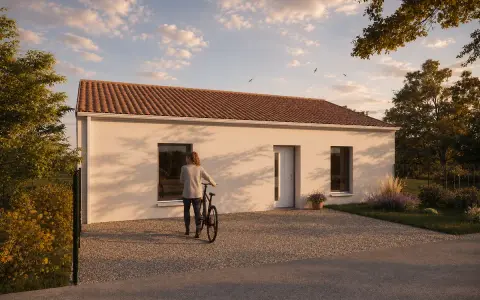 Une femme avec un vélo devant une maison moderne. Le soleil couchant projette de longues ombres. Une maison de l'avenir, prix abordable.