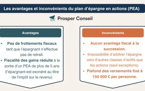 Les avantages et inconvénients du PEA : pas de frottements fiscaux, fiscalité réduite sur les gains après 5 ans. Inconvénients : pas d'avantage fiscal à la succession, plafond de 150 000 €.