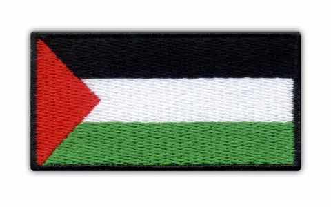 Naszywka z flagą Palestyny: czarny, biały i zielony pas poziomy, z czerwonym trójkątem po lewej stronie.