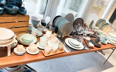 Vielfältiges Gastronomiegeschirr aus Keramik und Glas, darunter Teller, Schüsseln, Tassen und Gläser.