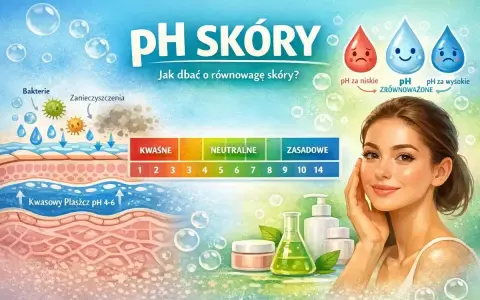 Ilustracja pokazuje warstwy skóry, skalę pH i kosmetyki. Dbanie o równowagę skóry to klucz do jej zdrowia.