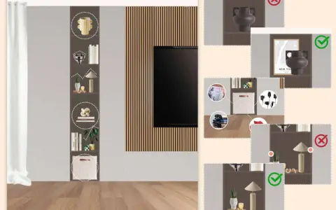 Esempi di **nicchie design** con decorazioni, libri e cesti. Mostra diverse opzioni di arredamento, alcune corrette (con segno di spunta verde), altre da evitare (con croce rossa).