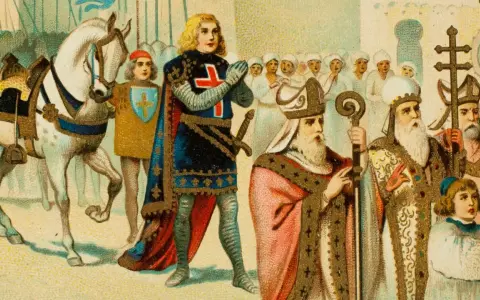 Ein Ritter mit Kreuz, Bischöfe und ein Knappe. So lebten die Menschen im Mittelalter, in Prozessionen und mit religiöser Symbolik.