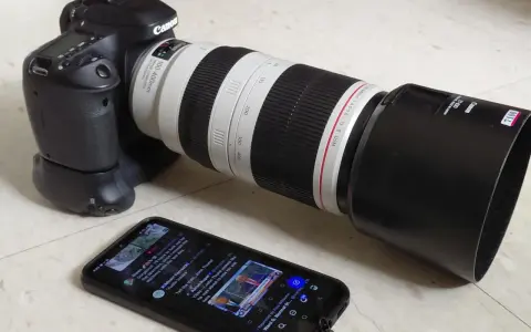 Canon 80D con obiettivo 100-400mm, pronto per una recensione. Sullo smartphone, un tweet su politica.