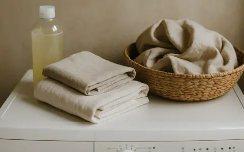 Tabla de lino doblada y cesta con ropa, junto a un detergente. Aprende como lavar el lino para que no encoja.