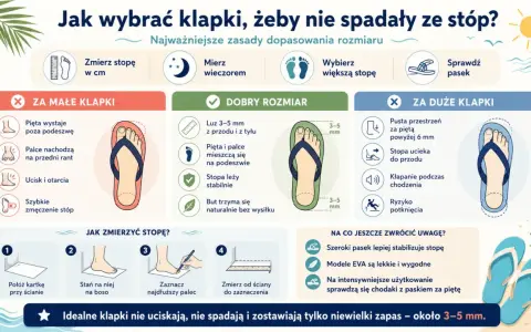 Jak dobrać rozmiar sandałów? Idealne klapki mają 3-5 mm luzu z przodu i z tyłu, nie uciskają i nie spadają.